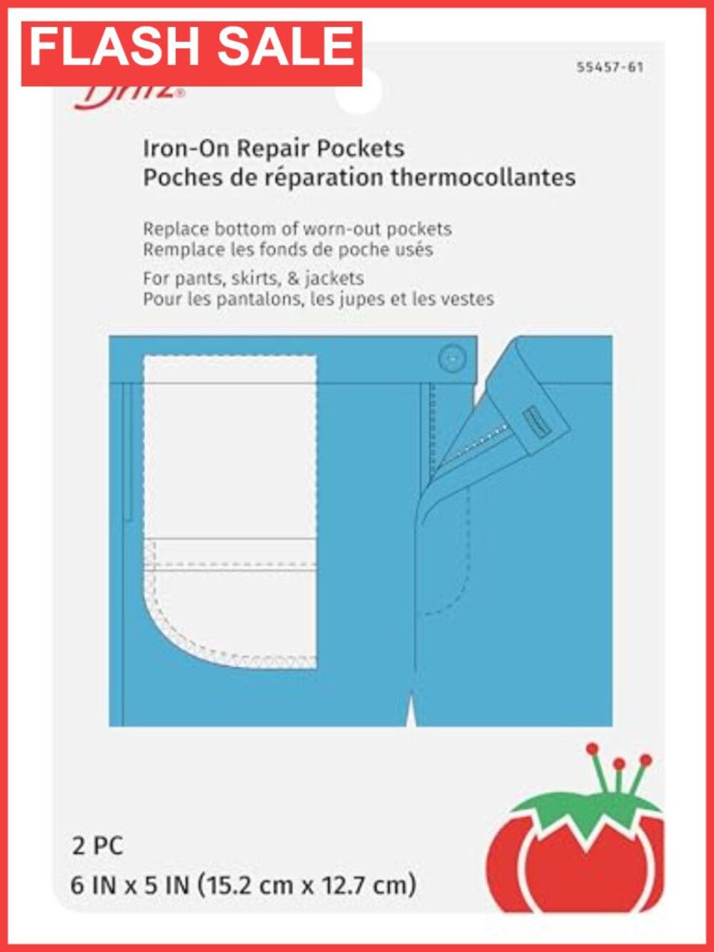 Iron-On Repair Pockets 6.5" x 4" Fabric Patches 2-Pack Sewing